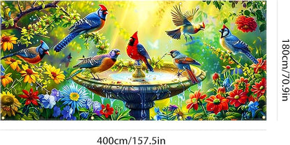 Garage door banner 157.5x70.9 inches large garage door cover outdoor spring garden decoration with bird pattern, garage door decoration with eyelets and rope, suitable for house exterior walls.