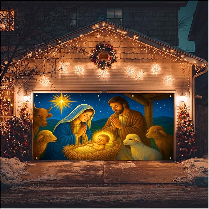 HOMETITUTE Christmas Garage Door Banner 13x6ft Nativity Scene Holy Family Star Backdrop Banners for Outside Indoor Winter Door Cover Garage Wall Covering for Party Garage Decorations