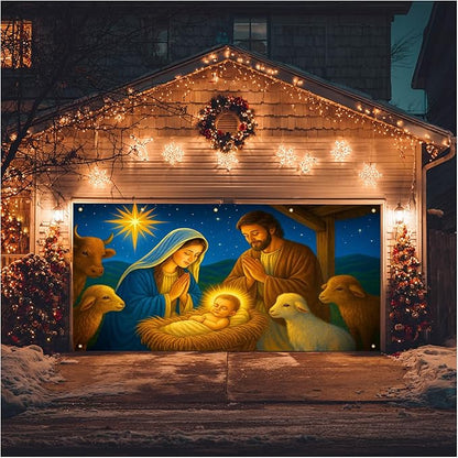HOMETITUTE Christmas Garage Door Banner 13x6ft Nativity Scene Holy Family Star Backdrop Banners for Outside Indoor Winter Door Cover Garage Wall Covering for Party Garage Decorations