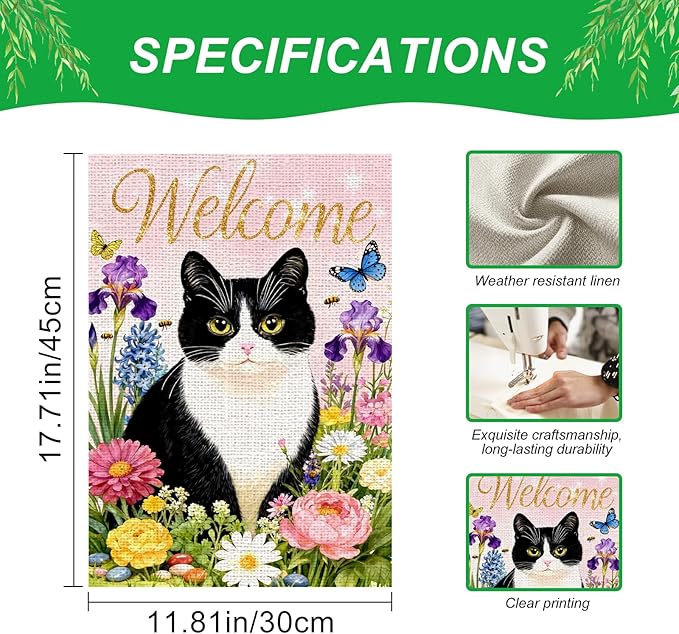 IVN Welcome Cat Spring Garden Flag 12x18 Inch Black White Kitty Watercolor Floral Garden Yard Flag Gold Glitter Welcome Butterflies Bees Daisies Iris Pink Flowers Double Sided Burlap Vertical Small House Flag Seasonal Outdoor Decoration for Front Door ...