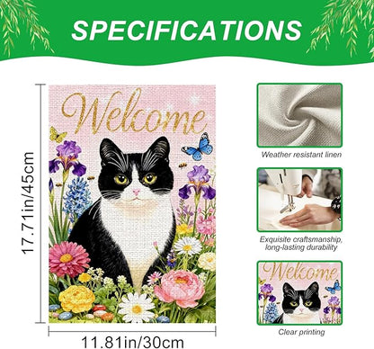 IVN Welcome Cat Spring Garden Flag 12x18 Inch Black White Kitty Watercolor Floral Garden Yard Flag Gold Glitter Welcome Butterflies Bees Daisies Iris Pink Flowers Double Sided Burlap Vertical Small House Flag Seasonal Outdoor Decoration for Front Door ...