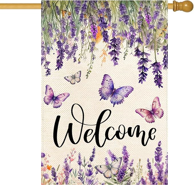 Baccessor Spring Summer Flower House Flag Lavender Butterfly Floral Welcome Yard Burlap Double Sided Vertical Seasonal Farmhouse Wedding Yard Outdoor Decoration 28x40 Inch（large）