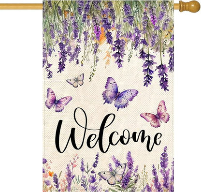 Baccessor Spring Summer Flower House Flag Lavender Butterfly Floral Welcome Yard Burlap Double Sided Vertical Seasonal Farmhouse Wedding Yard Outdoor Decoration 28x40 Inch（large）