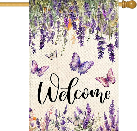 Baccessor Spring Summer Flower House Flag Lavender Butterfly Floral Welcome Yard Burlap Double Sided Vertical Seasonal Farmhouse Wedding Yard Outdoor Decoration 28x40 Inch（large）