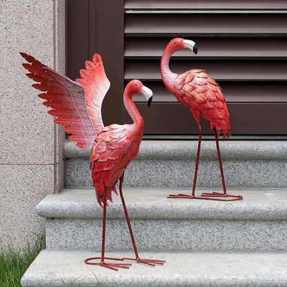 Natelf Flamingos Garden Statues Small Outdoor Decor, Set of 2 Metal Yard Art with Spread & Folded Wings, Weather-Resistant Pink Flamingo Lawn Sculpture for Patio, Backyard - Gift for Women, Mom