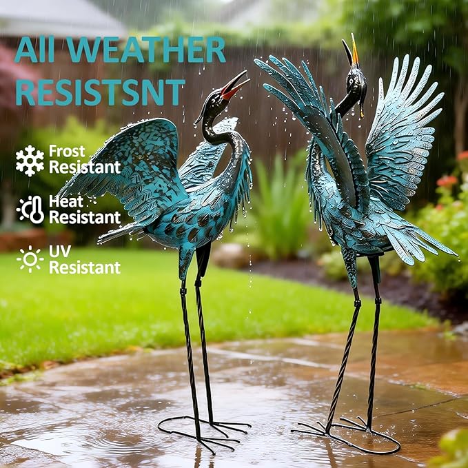 Natelf Garden Crane Sculptures & Statues, Blue Heron Decor Outdoor Large Bird Yard Art, Standing Metal Herons Lawn Ornaments for Home Patio Porch Backyard Decorations(Set of 2)