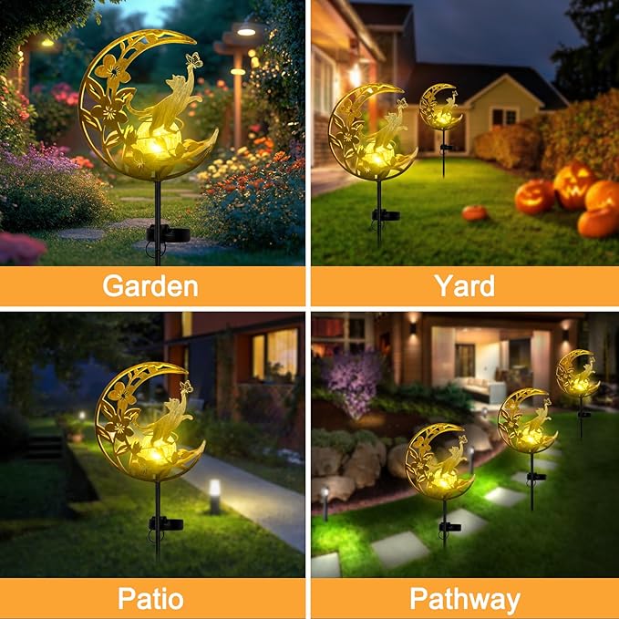 Moon Cat Waterproof Outdoor Cat Lover Solar Light for Garden, Yard, Patio Decor, Auto On/Off, Long-Lasting Battery, Unique Gift for Women Mom, Grandma, Christmas