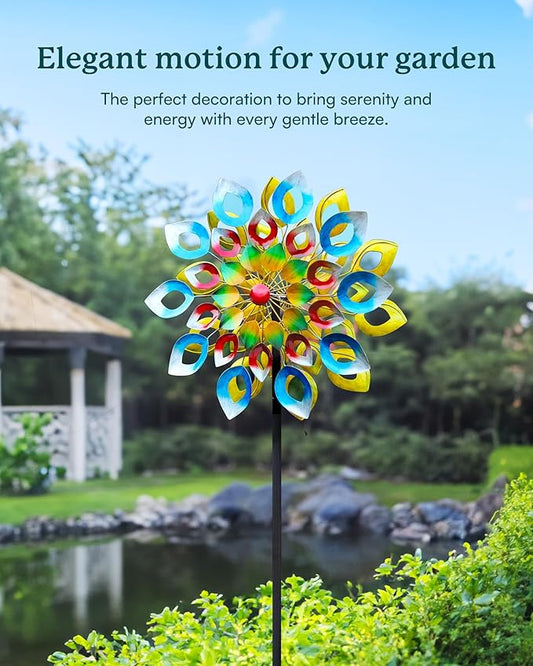 Yard Garden Wind Spinners with Stake - Large Outdoor Metal Wind Spinners, Lawn Yard Art Garden Decor (24" W x 84" H)