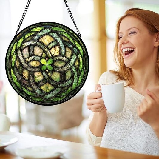DASTOLL Stained Glass Window Hanging, Abstract Green Clover Sun Catchers Colorful Glass Panel Bless Suncatcher Decor for Birthday for Women, Men, Wife, Aunt, and Mom 14.9x14.9 in