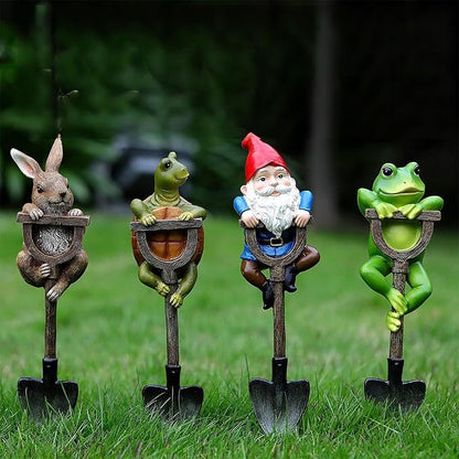 Outdoor Resin Garden Statue with Shovel, Handcrafted Frog Dwarf Rabbit Turtle Figurines for Lawn Decor, Weather-Resistant Yard Sculpture Art, Garden Ornament for Patio Lawn Landscape (Dark Green)