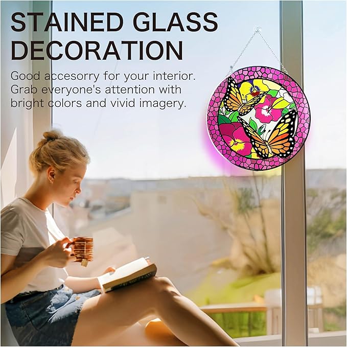 Hanway Suncatcher in Colorful Stained Glass 12" Dia - Genuine Brightly Colored Glass, Protective Metal Edge, Ready to Use Hanging Chain, for Window, Garden (Butterfly 2)