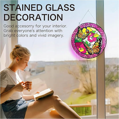 Hanway Suncatcher in Colorful Stained Glass 12" Dia - Genuine Brightly Colored Glass, Protective Metal Edge, Ready to Use Hanging Chain, for Window, Garden (Butterfly 2)