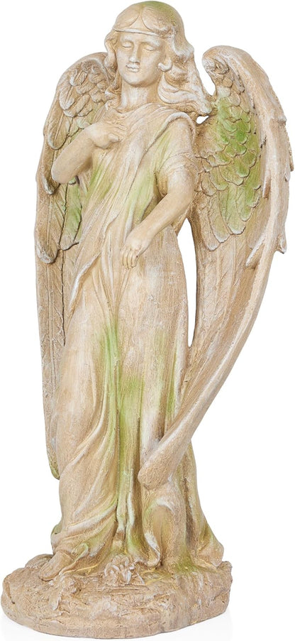 Alpine Corporation QFC105-201 Old World Angel Statue with Mossy Finish, Sentimental Garden Décor, 31" H, Tan/Moss Green