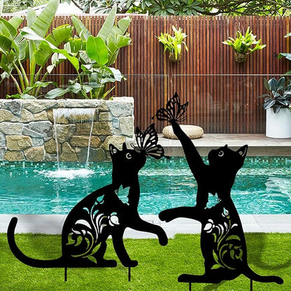 WONDER GARDEN Metal Cat Decor for Outside - 2 Pack Garden Stakes Decorative, Black Cat Silhouette Statues Lawn Ornaments Yard Art Patio Decor Women Men Mom Gifts