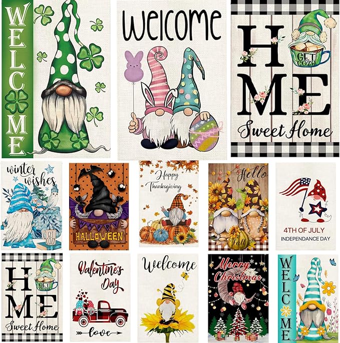 Gnome Garden Flags 12x18 Double Sided, Set of 12 Yard Flag for Outside Seasonal Garden Flag Outdoor Holiday Farmhouse Decorations Flags for All Seasons (Gnome)