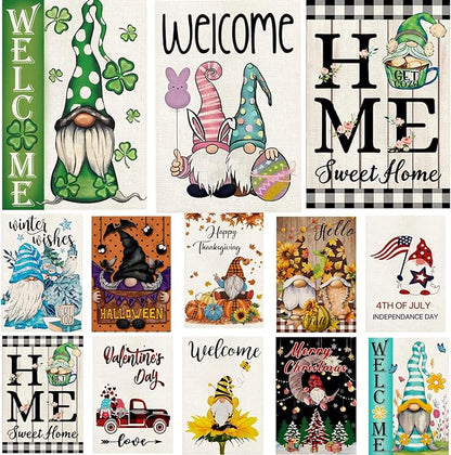 Gnome Garden Flags 12x18 Double Sided, Set of 12 Yard Flag for Outside Seasonal Garden Flag Outdoor Holiday Farmhouse Decorations Flags for All Seasons (Gnome)