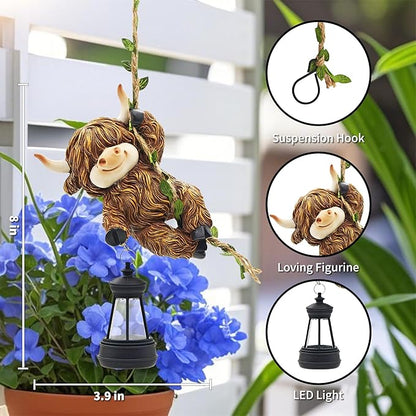 Hanging Highland Cow Decor: Garden Cow Statues with Solar Lantern Tree Decorations for Outdoor Yard Lawn Patio Porch Ideal Gardening Gifts for Mom Grandma Women