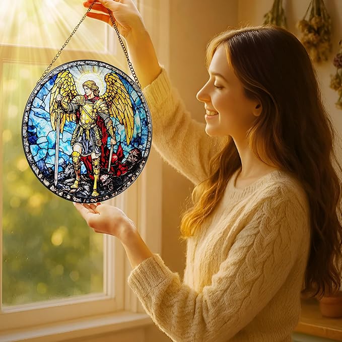 Stained Glass Suncatcher, Archangel Michael Sun Catcher Ornament; Stained Glass Window Hanging, Warrior Angel Window Decor; Christmas Home Decor, Christian Gifts, Religious Gifts