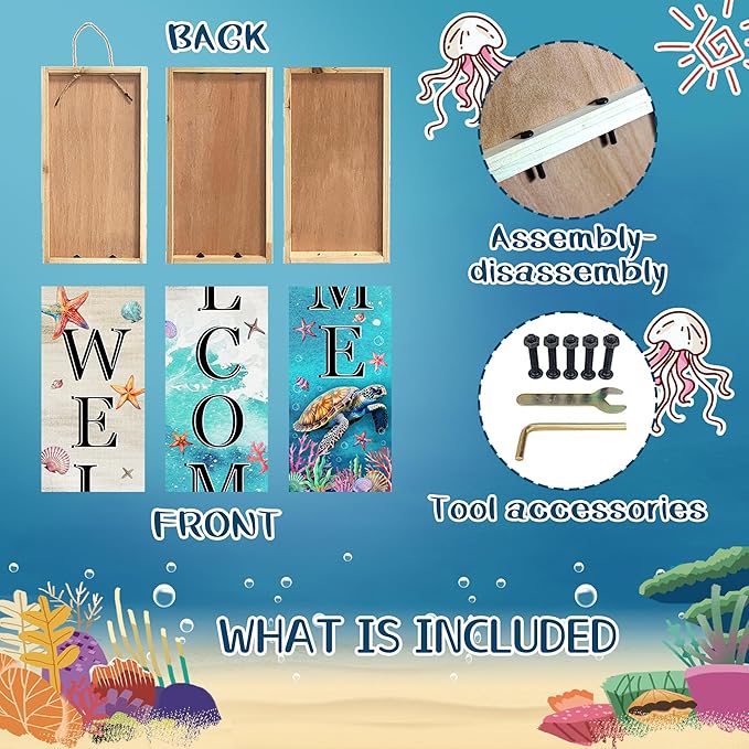 Sea Turtle Welcome Sign for Front Door, Beach Outdoor Porch Sign Home Decorations Standing Yard Sign Seasonal Wood Door Sign for Garden Tall Summer Welcome Vertical Signs for Patio Wall