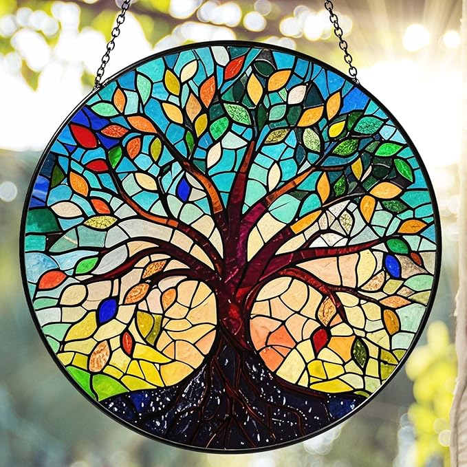 Tree of Life Sun Catcher Stained Glass Window Hanging for Women Home Decor Tree of Life Handmade Sun Catcher Decoration for Garden Home Housewarming Gifts, 7.87inch