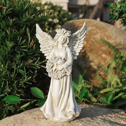 Angel Garden Statue Holding a Floral Wreath, Memorial Figurine for Patio, Lawn, Yard, Sympathy Gift Cemetery Grave, Ployresin 11.8 inch