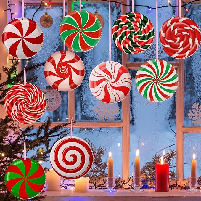 Rtteri 30 Pieces Christmas Candy Yard Hanging 6 Inch Double Sided Lawn Decorations Outdoor Christmas Hanging Ornaments Plastic Outdoor Holiday Decorations for Xmas Tree Home Lawn Porch Yard Decor