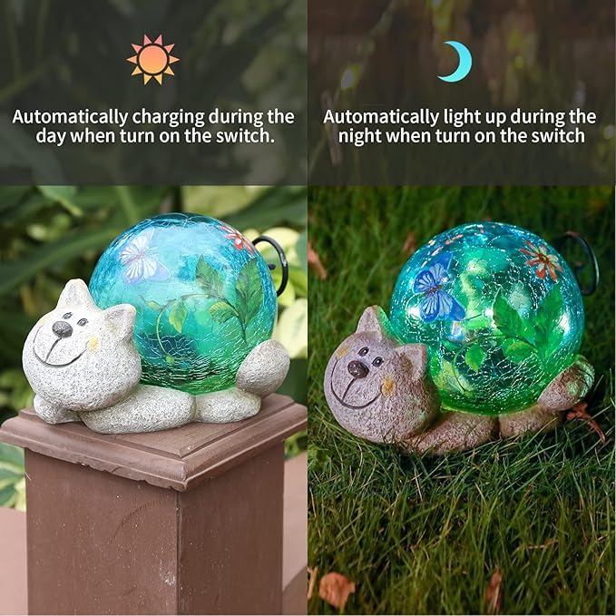 Afirst Garden Cat Statue Outdoor Decor - Resin Outdoor Figurine Glass Solar Lights Indoor Outdoor Decorations Patio Lawn Yard Art Ornaments