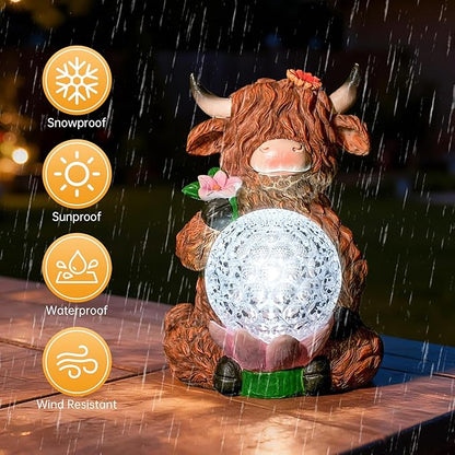 Highland Cow Garden Decor Solar Garden Lights, Highland Cow Outdoor Statue with LED Crystal Ball Waterproof for Outdoor,Lawn,Patio,Highland Cow Gifts