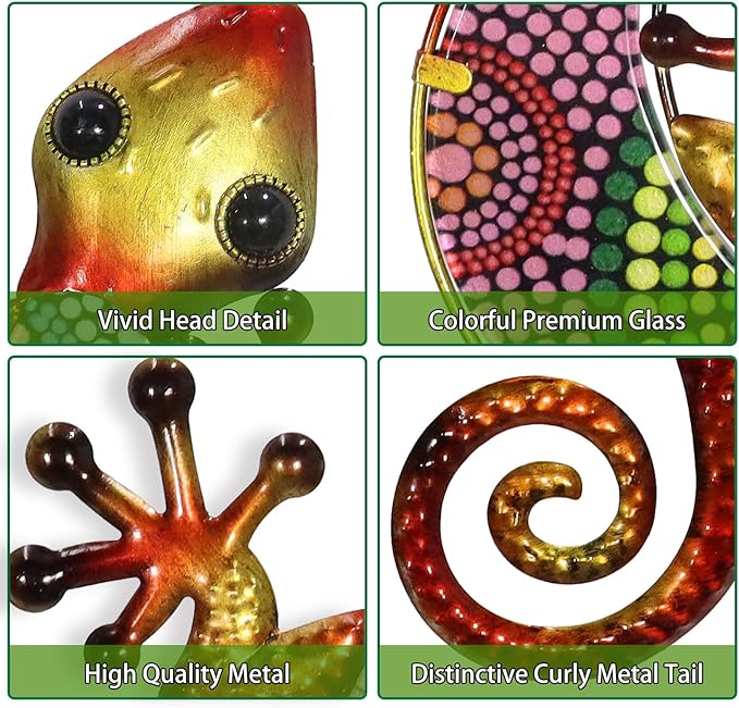 HONGLAND Metal Gecko Wall Art 2 Pack 15 Inch Lizard Outdoor Decor Hanging Glass Sculpture Decoration for Garden Fence Home