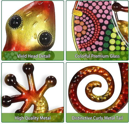 HONGLAND Metal Gecko Wall Art 2 Pack 15 Inch Lizard Outdoor Decor Hanging Glass Sculpture Decoration for Garden Fence Home
