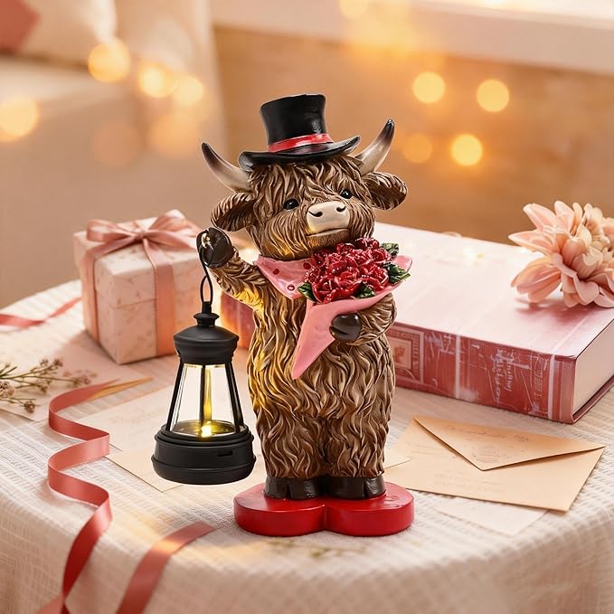 TERESA'S COLLECTIONS 8" Charming Highland Cow Garden Statue with Solar Lantern, Valentine's Day Resin Figurine Holding Roses and Wearing Top Hat, Weatherproof Outdoor Decor, Gifts for Cows Lover