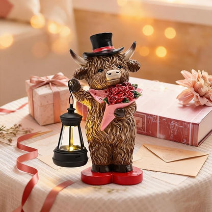 TERESA'S COLLECTIONS 8" Charming Highland Cow Garden Statue with Solar Lantern, Valentine's Day Resin Figurine Holding Roses and Wearing Top Hat, Weatherproof Outdoor Decor, Gifts for Cows Lover