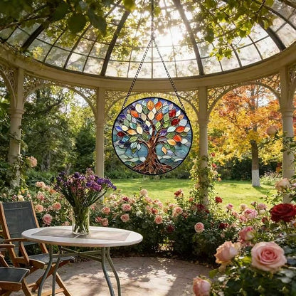 Tree of Life Sun Catcher Acrylic Suncatchers Full Cover Stained Glass Window Hanging Round Ornament Decor for Garden Indoor/Outdoor Housewarming Gift for Women Friends