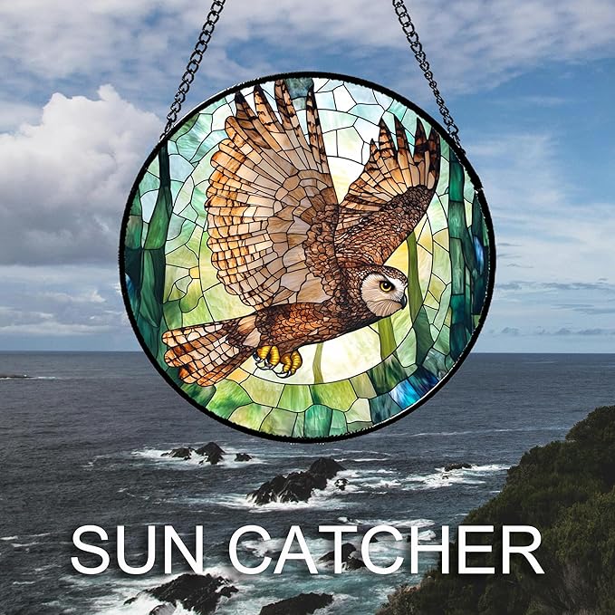 CHATYOUNG Stained Glass Window Hanging Owl Flying with Wings Spread 9.8" - Bird Suncatcher Door Garden Sunroom Sun Catcher Home Decor Birthday Christmas for Mom Men Woman Nana Friend Birds Lovers