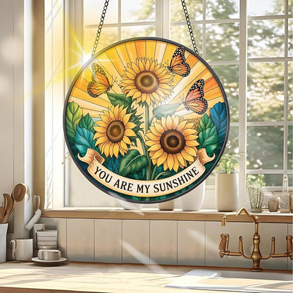 VAIIEYO Sunflower Sun Catcher Stained Glass Window Hanging Ornament, Handmade Sun Catcher Flower Decoration with Hooks for Window Garden Home, Mother's Day & Birthday Housewarming Gift (7.8 inch)