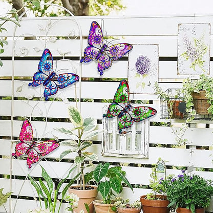 Pipilily 4 Pieces Metal Butterfly Wall Art Decor, Outdoor Indoor Fence Metal Wall Sculptures, Hanging Decoration for Garden Yard Living Room Bedroom Patio Balcony (Color Set 2)