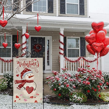 Happy Valentine’s Day House Flags for Outdoor Decoration, Watercolor Snowman with Love Hearts Large Yard Flag,Seasonal Decorative Decor for Holiday Anniversary Wedding Outside 28x40 Inch Double Sided