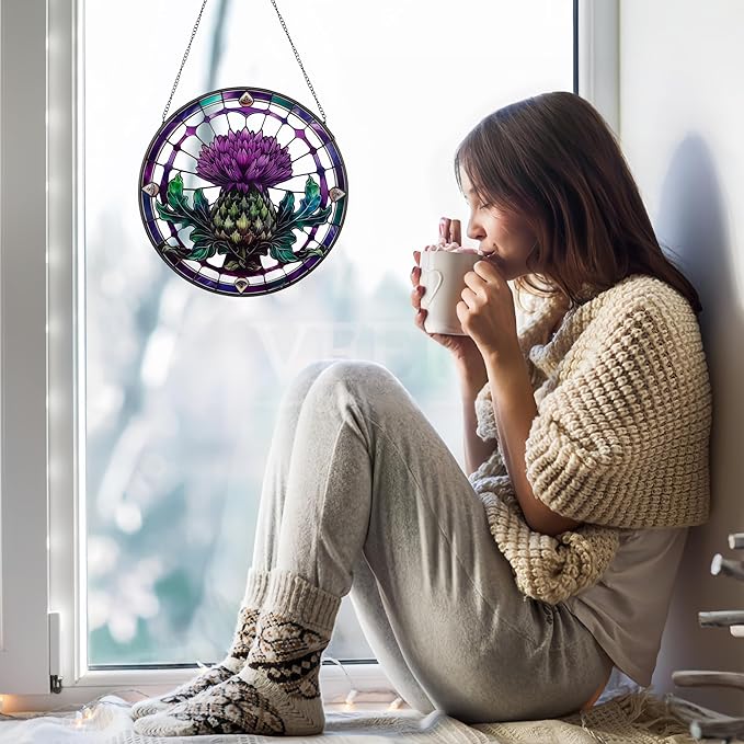 10in Thistle Galss Window Hanging, Celtic/Scottish Symbol Stained - Style Decor, Suncatcher Ornament for Home Wall & Window, Gifts for Friends, Women, Art Lover