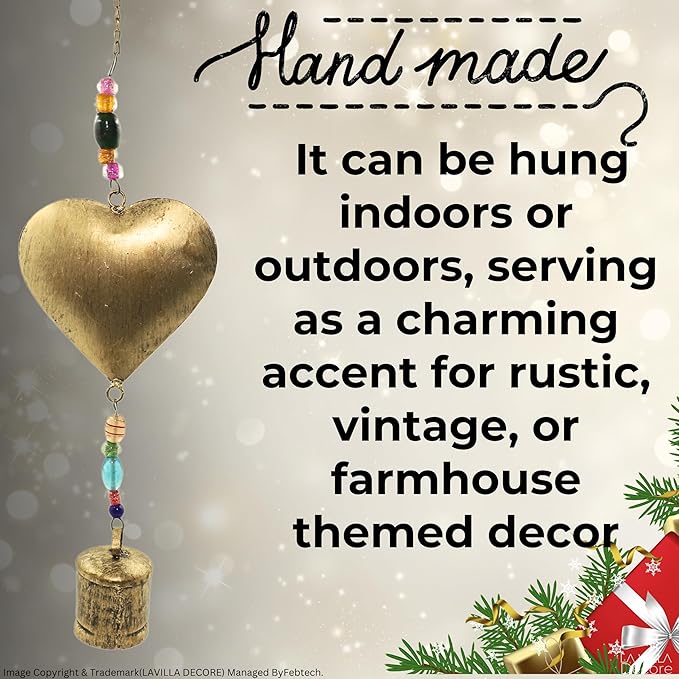 Brass Heart-Shaped with Colorful Beads and Hanging Bell – Handmade Vintage Bell Ornament for Garden, Patio, Porch, and Indoor/Outdoor Wall Decor, Beaded Heart Charm for Home or Yard