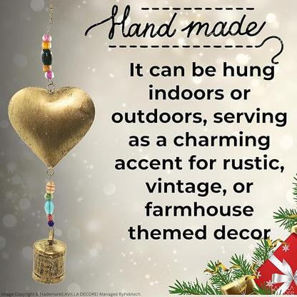 Brass Heart-Shaped with Colorful Beads and Hanging Bell – Handmade Vintage Bell Ornament for Garden, Patio, Porch, and Indoor/Outdoor Wall Decor, Beaded Heart Charm for Home or Yard