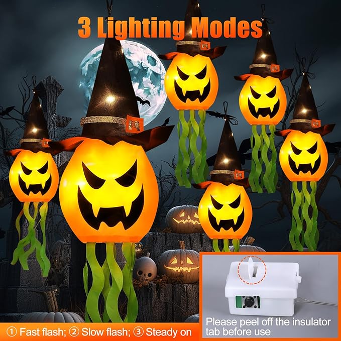 Cuorung Halloween Decorations Outdoor Decor Hanging Lighted Glowing Pumpkin Witch Hat with 3 Modes Lighted Up Scary Orange Halloween Decorations for Indoor Outside Party Yard Tree Garden (6Pcs)