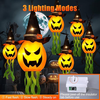 Cuorung Halloween Decorations Outdoor Decor Hanging Lighted Glowing Pumpkin Witch Hat with 3 Modes Lighted Up Scary Orange Halloween Decorations for Indoor Outside Party Yard Tree Garden (6Pcs)