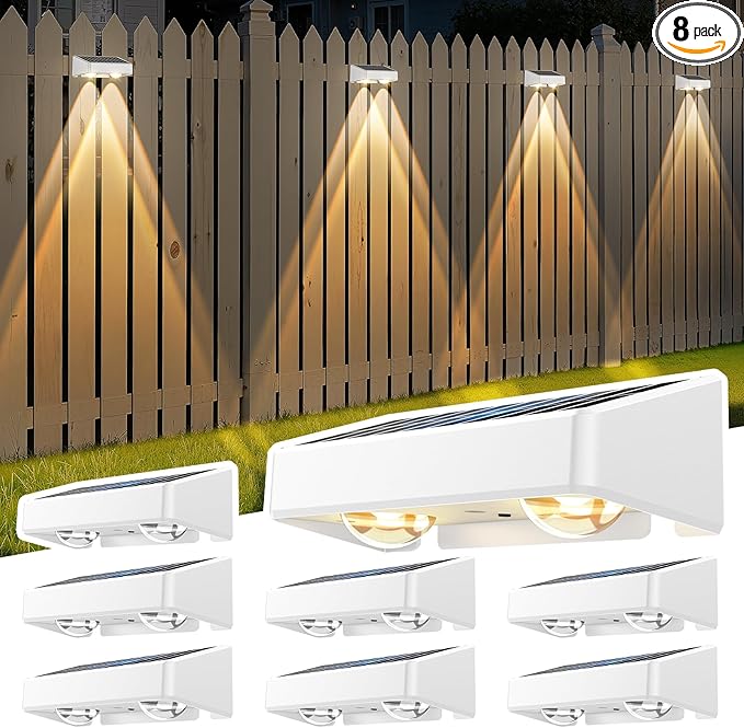 Solar Fence Lights, 7 RGB Colors, Warm White, Cool White Bright Lens LED, Dusk to Dawn Deck Light, Fence Solar Lights Outdoor Waterproof for Backyard/Railing/Wall/Step/Patio/Pool (8 Pack White Shell)