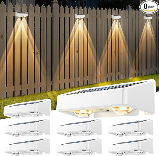 Solar Fence Lights, 7 RGB Colors, Warm White, Cool White Bright Lens LED, Dusk to Dawn Deck Light, Fence Solar Lights Outdoor Waterproof for Backyard/Railing/Wall/Step/Patio/Pool (8 Pack White Shell)