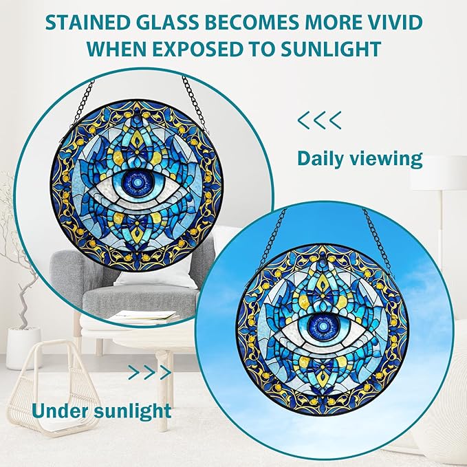 Evil Eye Stained Glass, Suncatcher for Window Hanging, Decoration for Window Sun Catcher Wall Art for Mom Grandma, Gifts for Spirits Lovers, for Home Yard Office Decor