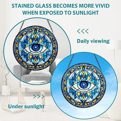 Evil Eye Stained Glass, Suncatcher for Window Hanging, Decoration for Window Sun Catcher Wall Art for Mom Grandma, Gifts for Spirits Lovers, for Home Yard Office Decor