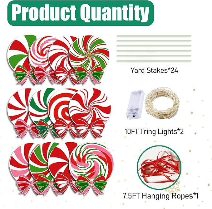 12 PCS Christmas Outdoor Yard Signs Candy Decorations Outdoor Peppermint LED Lights Xmas Yard Stakes Hanging Ornaments Holiday Garden Sign Cardboard Signs for Party Porch Lawn Walkway Decor
