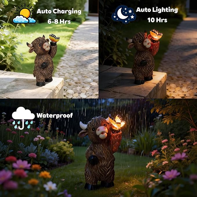 Solar Highland Cow Outdoor Statues for Garden，Outdoor Decor with Butterfly Lantern for Home House,Patio, Balcony, Yard Ornament, Birthday Gifts for Grandma Mom Women