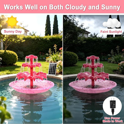 Yeomi Red 3-Tier Solar Fountain Pump with LED Lights, 24H Outdoor Water Feature, Detachable Design, Multi-Function Bird Bath Fountain for Garden Patio Yard Backyard Pond, 3.5W