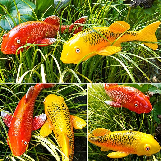 Set of 2 Koi Fish Garden Stakes, Red & Gold Resin Sculptures, Weatherproof Outdoor Patio Pond Decor, Feng Shui Yard Art, Easy Setup Gift(B&Y)